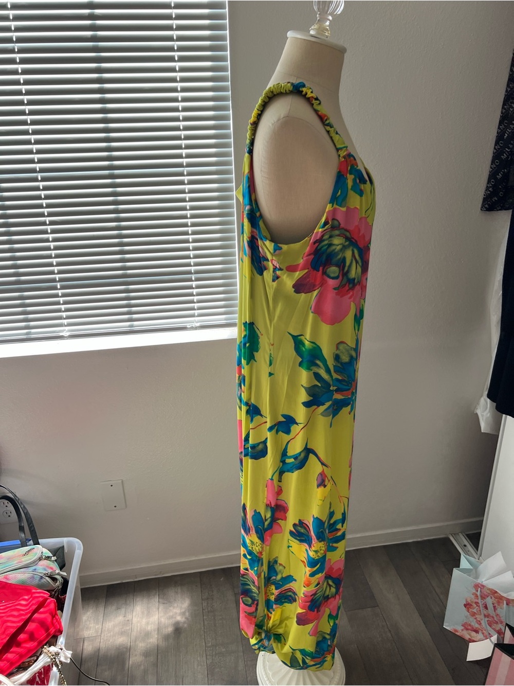 Bright Floral Yellow Maxi Dress with Pink & Blue Blooms